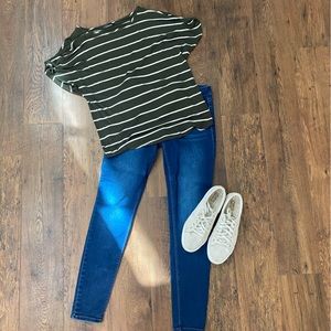 Olive green and white striped peekaboo shoulder shirt. Size SX - runs large.